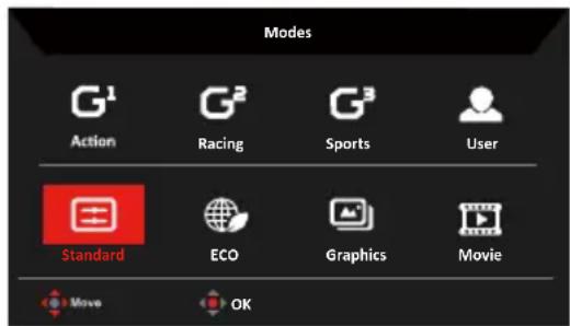 Modes G¹ Action G² Racing G³ Sports User Standard ECO Graphics Movie Move OK