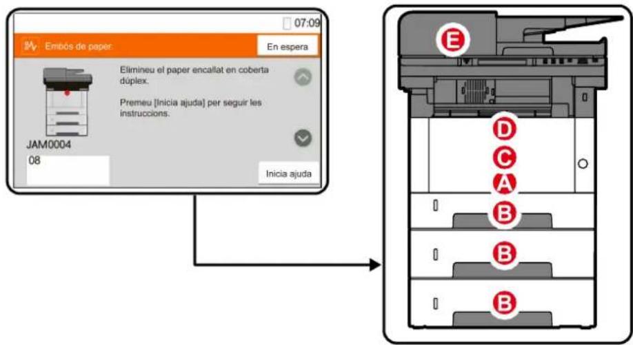 07:09 Embós de paper En espera Elimineu el paper encallat en coberta duplex. Premeu [Inicia ajuda] per seguir les instruccions. JAM0004 08 Inicia ajuda E D C A B I B I B