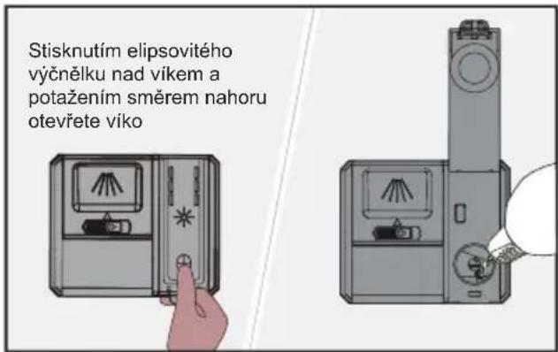 Stisknutím elipsovitého výčnělku nad víkem a potažením směrem nahoru otevřete viko