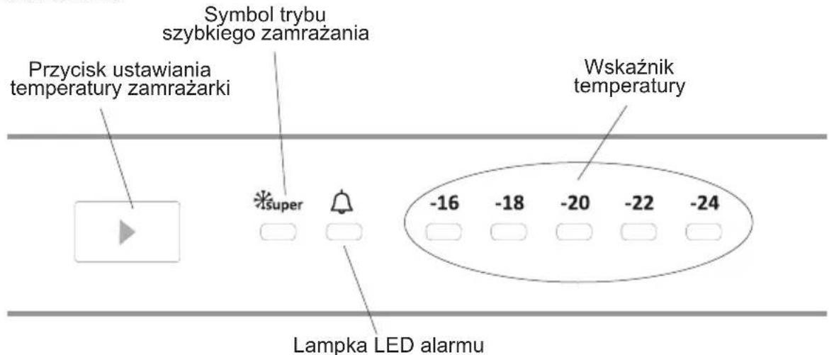 Przycisk ustawiania temperatury zamrażarki Symbol trybu szybkiego zamrażania Wskaznik temperatury Lampka LED alarmu * super -16 -18 -20 -22 -24