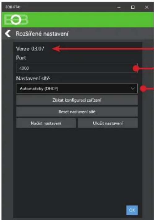 EOB PT41 Rozšířené nastavení Verze 03.07 Port 4000 Nastavení sítě Automaticky (DHCP) Ziskat konfiguraci zařízení Reset nastavení sítě Nadost nastavení Uložit nastavení OK