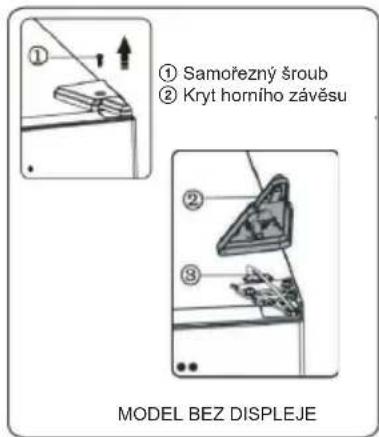 ① Samořezný šroub ② Kryt horního závěsu MODEL BEZ DISPLEJE