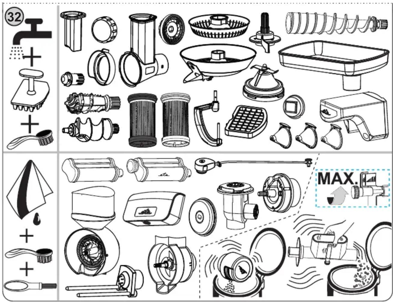 Technical diagram showing various kitchen and cleaning components with numbered labels and a 'MAX.' annotation highlighting the maximum improvement.