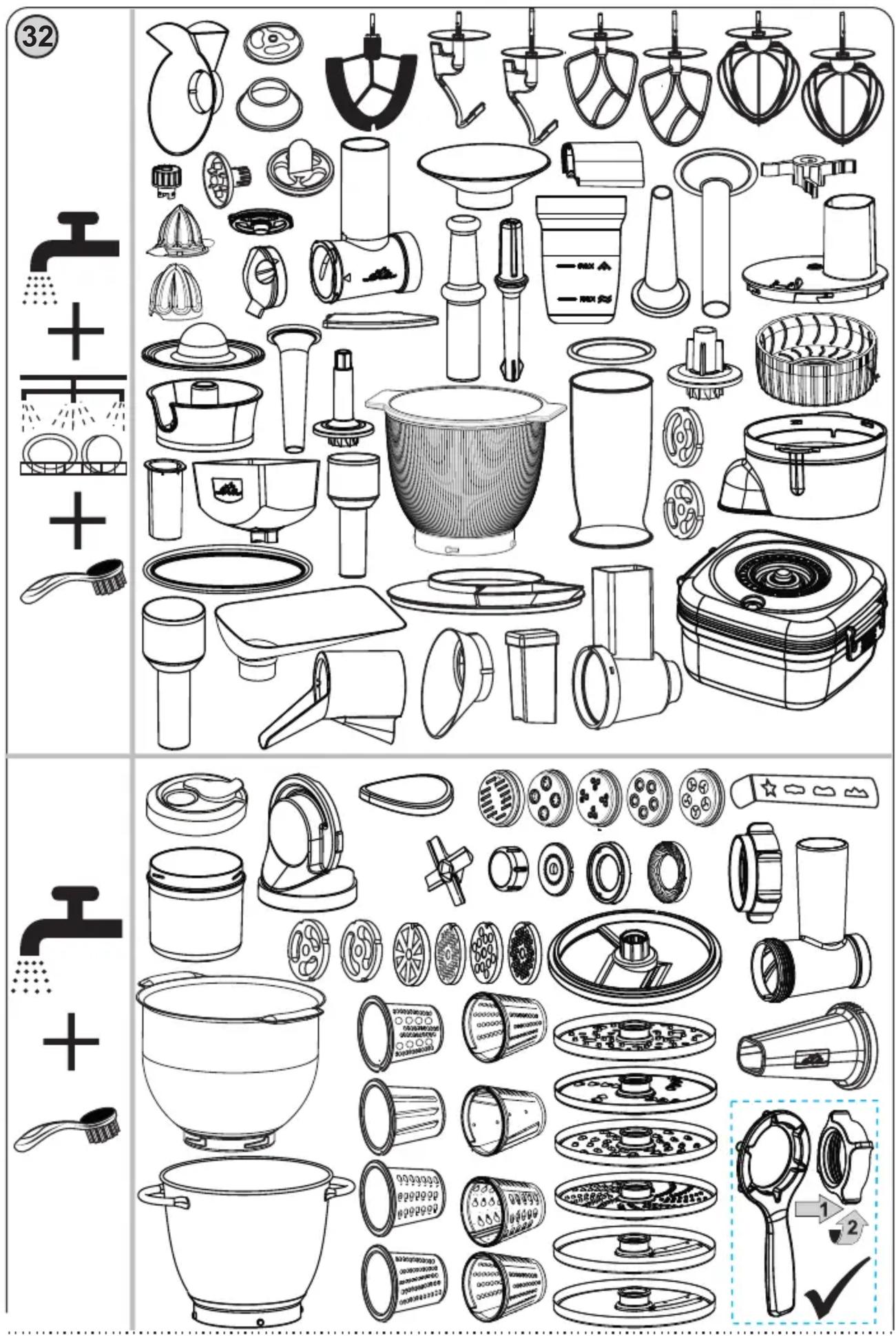 Technical diagram showing exploded view and assembled views of kitchen appliances with numbered labels