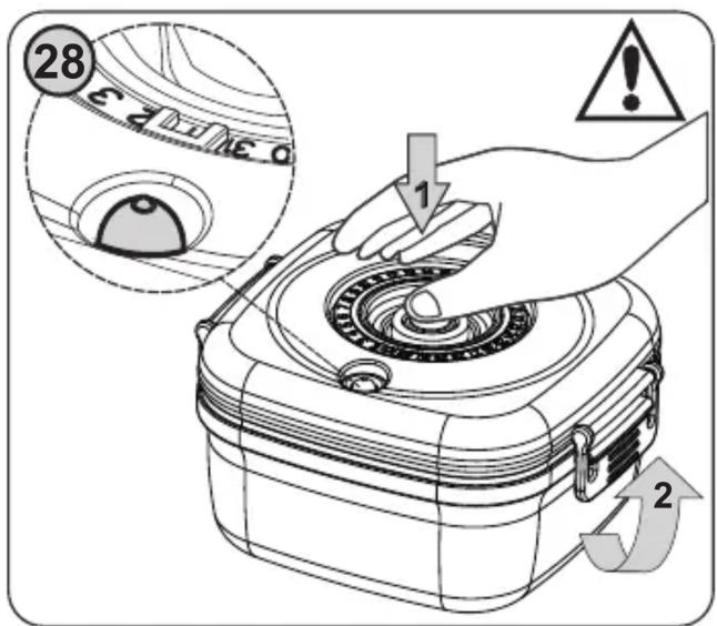 Diagram illustrating a mechanical device with labeled parts and directional arrows, including numbered callouts and warning symbols.