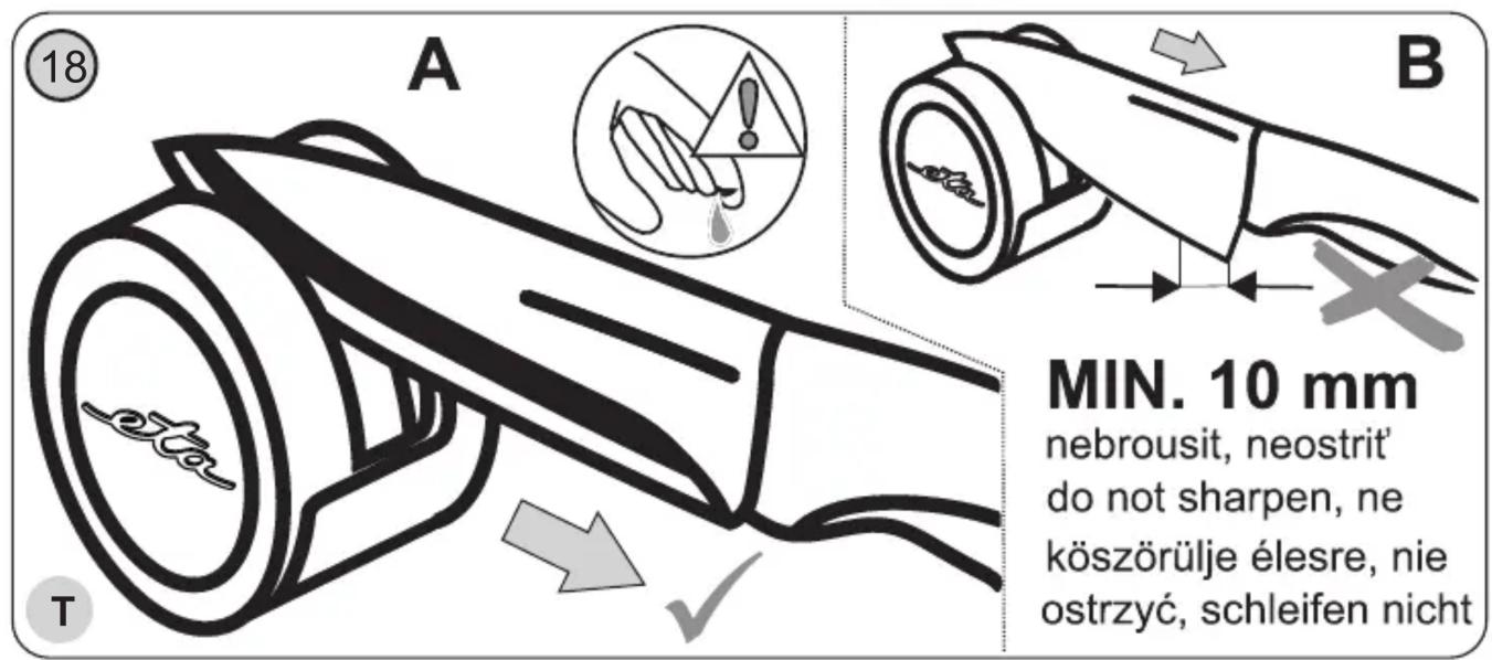 MIN. 10 mm nebrousit, neostrit' do not sharpen, ne köszörülje élesre, nie ostrzyć, schleifen nicht