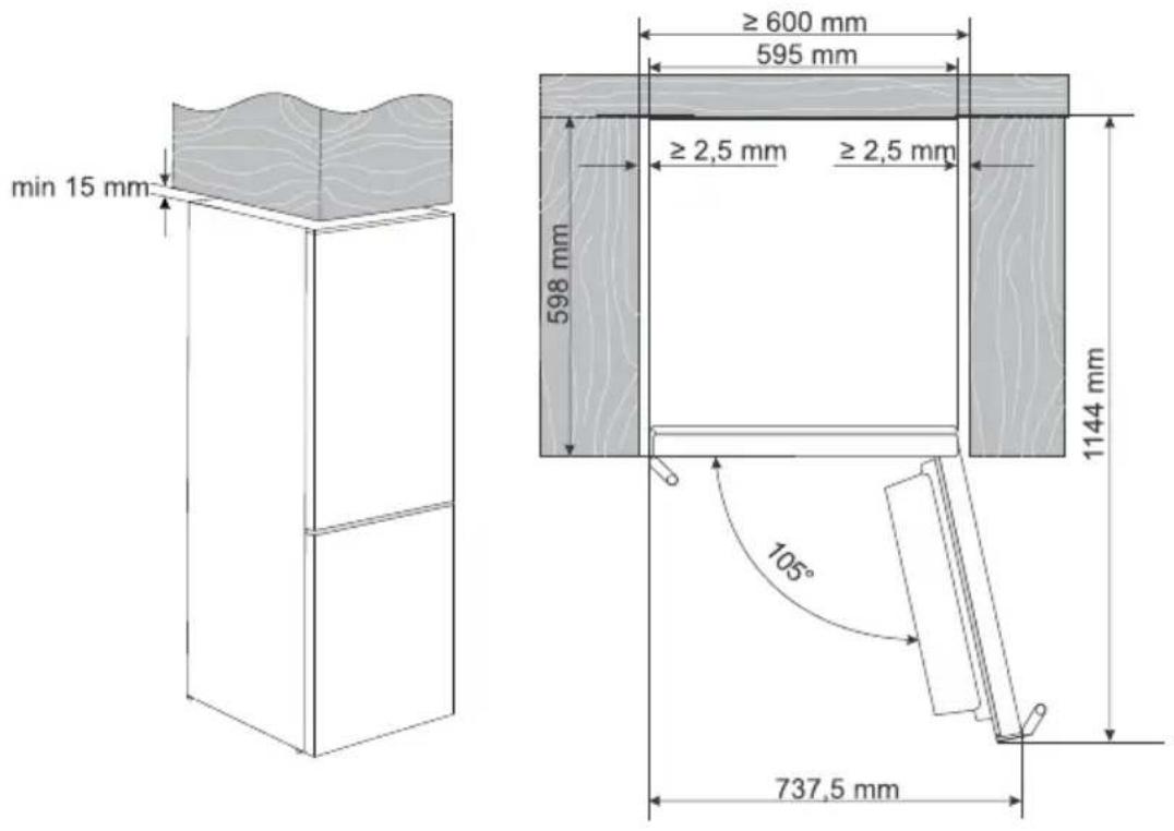 min 15 mm ≥ 600 mm 595 mm ≥ 2,5 mm ≥ 2,5 mm 598 mm 1144 mm 105° 737,5 mm