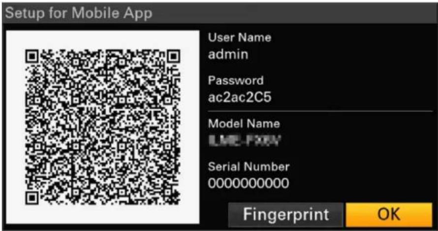 Setup for Mobile App User Name admin Password ac2ac2C5 Model Name LME-FXXV Serial Number 0000000000 Fingerprint OK
