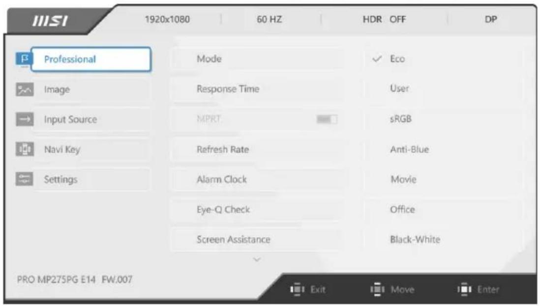 MSI PRO MP275PG E14 - Nabídky OSD - 1