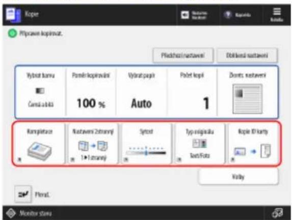 Kopie Příprava kopírování. Přednost nastavení Oblíbená nastavení Vybrat barvu Černá a bílá Poměr kopírování 100 % Vybrat papír Auto Počet kopií 1 Základní nastavení Kompletace Nastavení 2stranný Typ originálu Text/Foto Kopie ID karty Volby Přerušit Monitor stavu