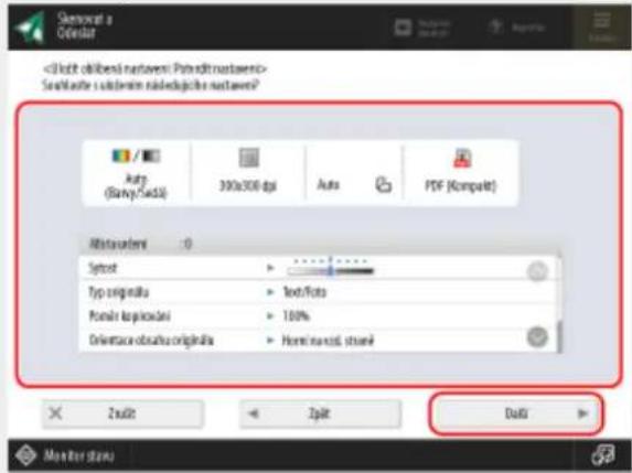 Souhlasíte s uložením následujících nastavení? Auto (Barva/Černá) 300x500 dpi Auto PDF (Komprimovaný) Nastavení 0 Sytost Typ originálu Poměr kopírování Orientace originálu ► Text/Foto ► 100% ► Horní okraj stránky Zrušit Zpět Dále Monitor stavu