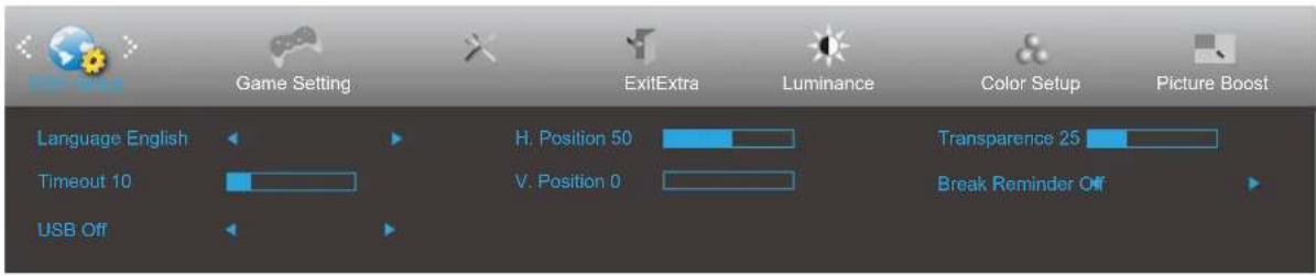 Game Setting ExitExtra Luminance Color Setup Picture Boost Language English Timeout 10 USB Off H: Position 50 V: Position 0 Transparence 25 Break Reminder Off