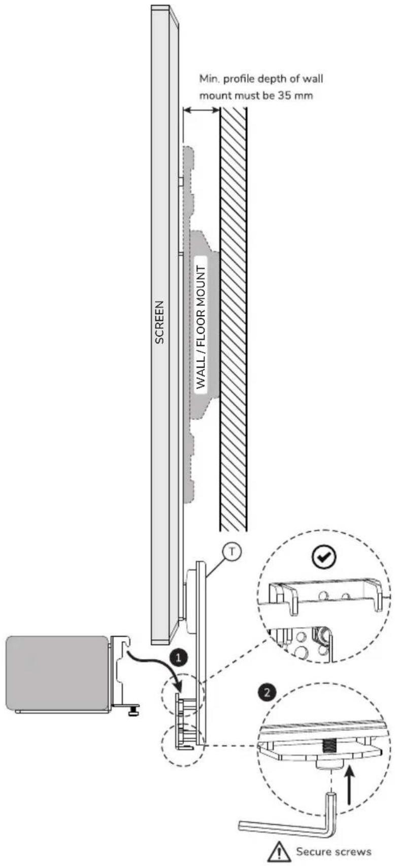 Screen WALL / FLOOR MOUNT Min. profile depth of wall mount must be 35 mm 1 2 Secure screws