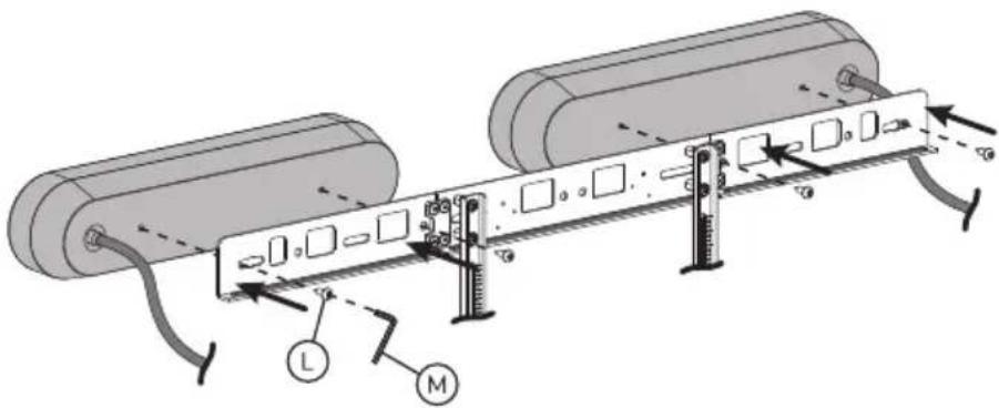 Technical diagram of a mechanical assembly with labeled components L and M, showing directional arrows and measurement scales.