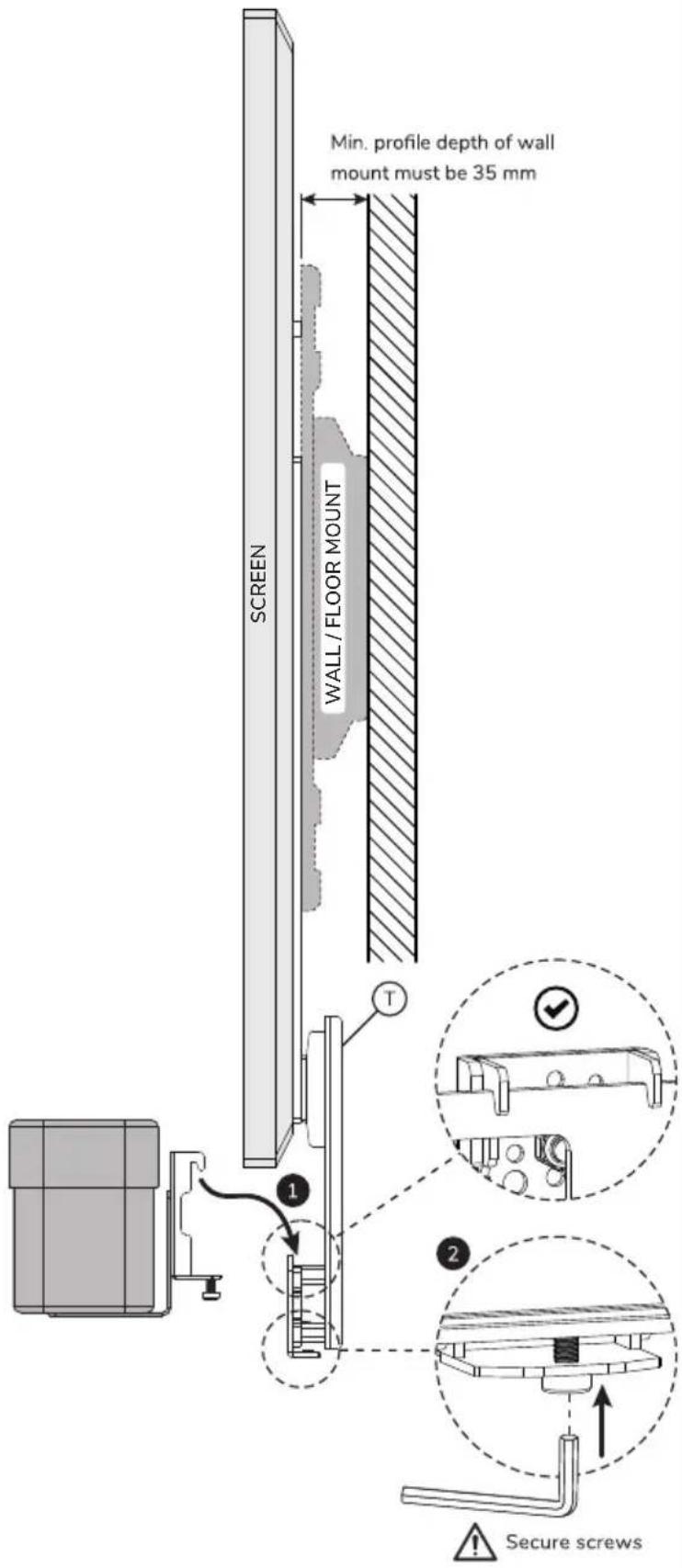 Screen WALL / FLOOR MOUNT Min. profile depth of wall mount must be 35 mm 1 2 Secure screws