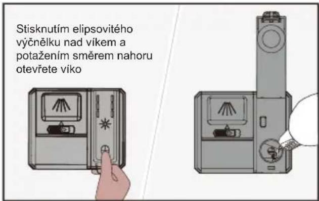 Stisknutím elipsovitého výčnělku nad víkem a potažením směrem nahoru otevřete viko