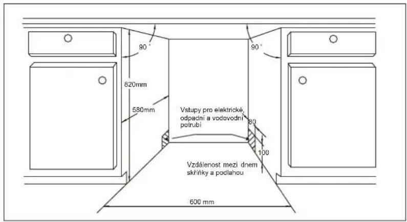 820mm 580mm 90° Vstupy pro elektrické, odpadni a vodovodní polrubi 80° 100 Vzdálenost mezi dnem skřínky a podlahou 600 mm