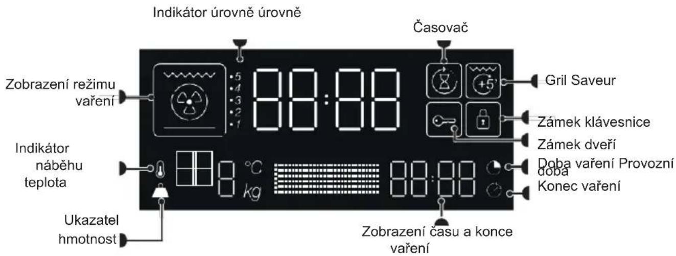 Indikátor úrovně úrovně Časovač Zobrazení režimu vaření 8:00:00 Gril Saveur Zámek klávesnice Zámek dveří Doba vaření Provozní doba Konec vaření Indikátor náběhu teplota 8 °C kg Ukazatel hmotnost Zobrazení času a konce vaření