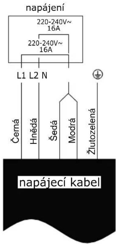 napájení 220-240V~ 16A 220-240V~ 16A L1 L2 N Černá Hnědá Šedá Modrá Žlutozelená napájecí kabel