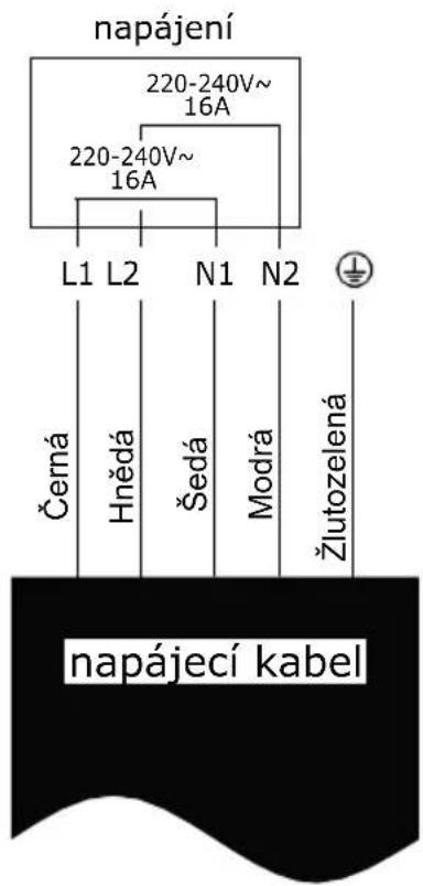 napájení 220-240V~ 16A 220-240V~ 16A L1 L2 N1 N2 Černá Hnědá Šedá Modrá Žlutozelená napájecí kabel