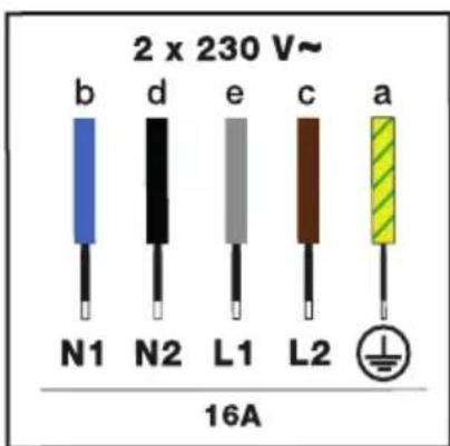 2 x 230 V~ b d e c a N1 N2 L1 L2 16A