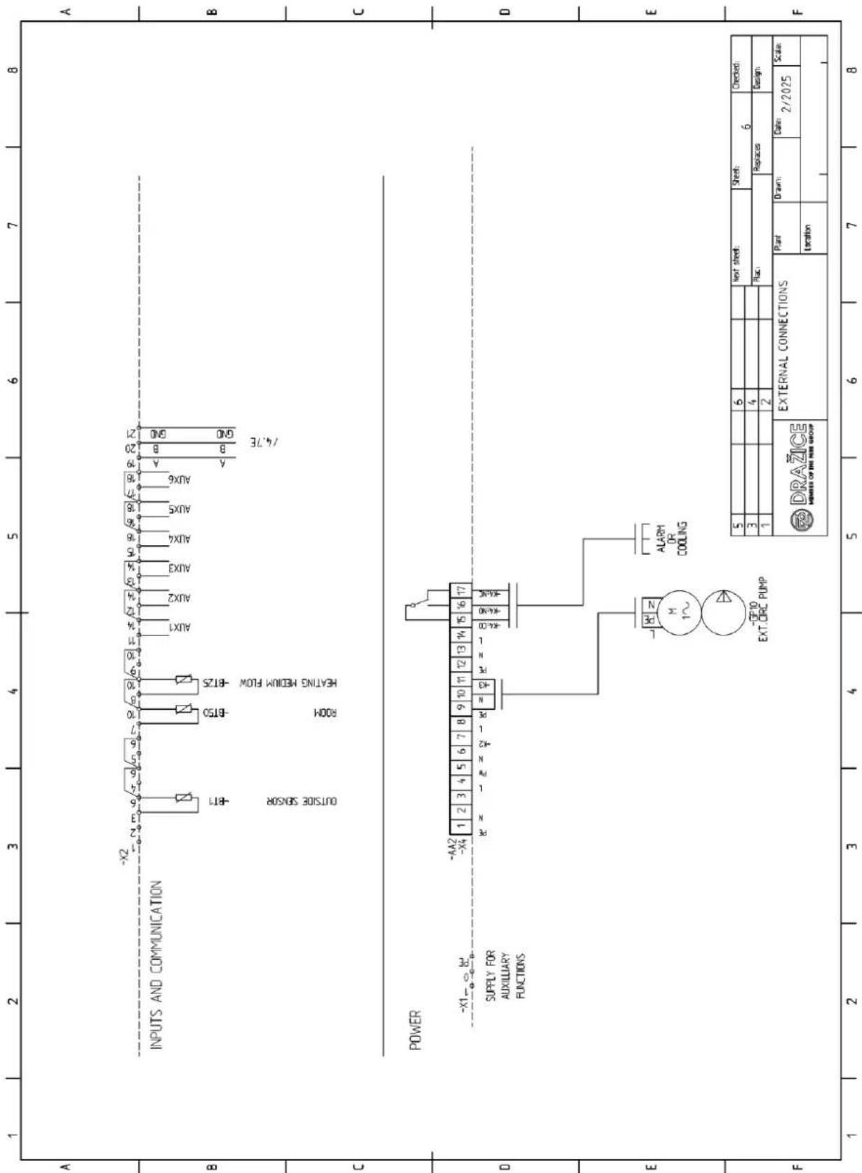 INPUTS AND COMMUNICATION -XX2 1 2 3 4 5 6 7 8 9 10 11 12 13 14 15 16 17 18 19 20 21 -BT1 -BT50 -BT25 OUTSIDE SENSOR HOAH HEATING MEDIUM FLOW AUX1 AUX2 AUX3 AUX4 AUX5 AUX6 A B GND /4.7E POWER -XX1 - X2 SUPPLY FOR AUXILIARY FUNCTIONS -AA2 -XX4 1 2 3 4 5 6 7 8 9 10 11 12 13 14 15 16 17 PE = L PE = +42…