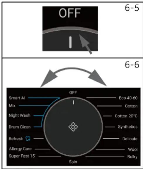 OFF 6-5 6-6 Smart AI Mix Night Wash Drum Clean Refresh Allergy Care Super Fast 15' OFF Eco 40-60 Cotton Cotton 20°C Synthetics Delicate Wool Bulky Spin