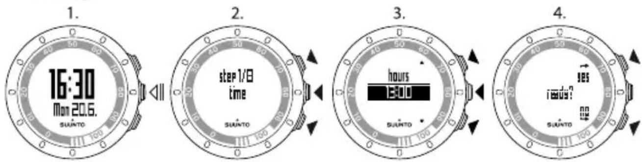 1. 16:30 Mon 20.6. SUANTO step 1/8 time SUANTO hours 1:00 SUANTO 4. ses ready? suunto