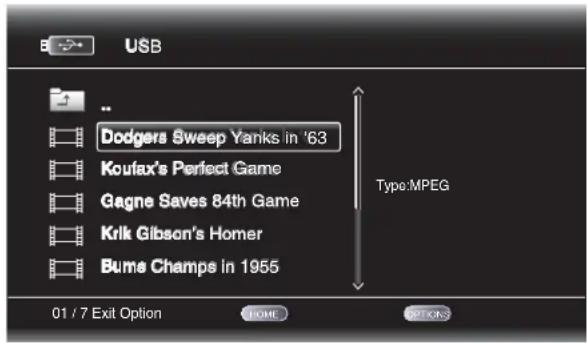 USB .. Dodgers Sweep Yanks in '63 Koufax's Perfect Game Gagne Saves 84th Game Krik Gibson's Homer Bume Champs in 1955 Type:MPEG 01 / 7 Exit Option HOME OPTIONS