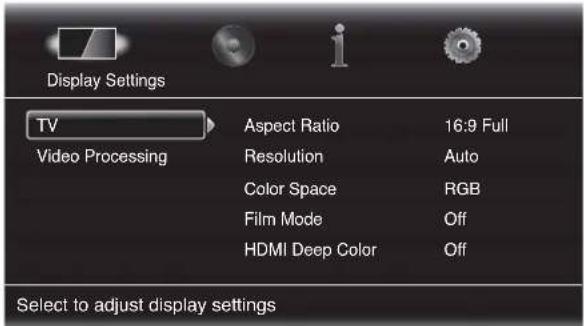 Display Settings TV Aspect Ratio 16:9 Full Video Processing Resolution Auto Color Space RGB Film Mode Off HDMI Deep Color Off Select to adjust display settings