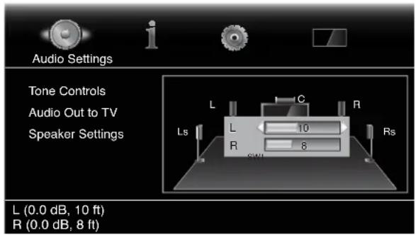 Audio Settings Tone Controls Audio Out to TV Speaker Settings L C R L 10 R 8 SWI Rs L (0.0 dB, 10 ft) R (0.0 dB, 8 ft)