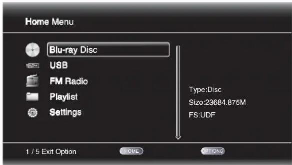 Home Menu Blu-ray Disc USB FM Radio Playlist Settings Type:Disc Size:23684.875M FS:UDF 1 / 5 Exit Option HOME OPTIONS