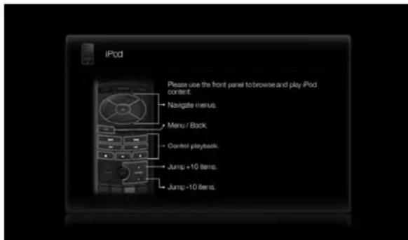 iPod Please use the front panel to browse and play iPod content. Navigate menus. Menu / Back. Control playbook. Jumps +10 items. Jumps -10 items.