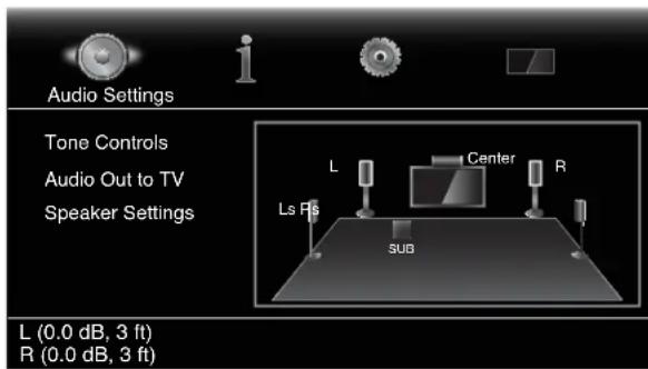 Audio Settings Tone Controls Audio Out to TV Speaker Settings L Center R Ls Fs SUB L (0.0 dB, 3 ft) R (0.0 dB, 3 ft)