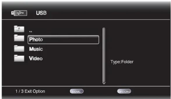 USB Photo Music Video Type:Folder 1 / 3 Exit Option NOML PIONS