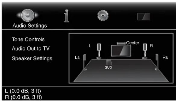 Audio Settings Tone Controls Audio Out to TV Speaker Settings L Center R Rs Ls SUB L (0.0 dB, 3 ft) R (0.0 dB, 3 ft)