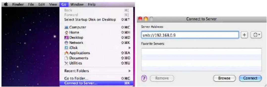 Finder File Edit View Go Window Help Back ⌘[ Forward ⌘] Select Startup Disk on Desktop ⌘↑ Computer ⌘C Home ⌘H Desktop ⌘D Network ⌘K iDisk Applications ⌘A Documents ⌘O Utilities ⌘U Recent Folders Go to Folder... ⌘G Connect to Server... ⌘K Connect to Server Server Address: smb://192.168.0.9 Favorite Servers: ? Remove Browse Connect