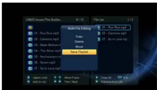 USB/D/music/The Soldier... 8 / 12 File List 1 / 3 Multi-File Editing Copy Delete Move Save Playlist 01 - Run Run.mp3 02 - Cannons.mp3 07 - So in Love.mp3 Upper Level Add to List Mean Focus Play / Next Clear All Till File Random-born List