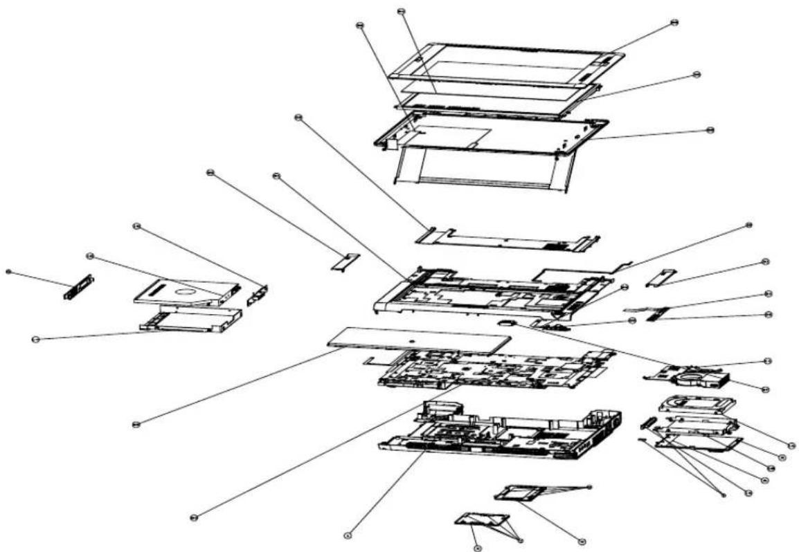 Exploded view diagram of a computer chassis showing internal components and assembly (no text or labels)