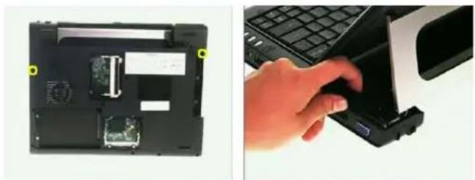 Two-panel image showing a laptop with internal components and a hand inserting a device into a keyboard (no visible text or symbols)