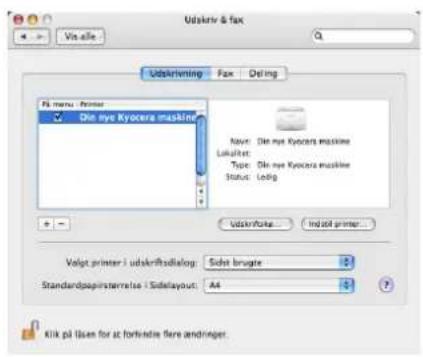 Udskriv & fax Vis alle Udskrivning Fax Dring Pl menu: Printer ✓ Dls mye Kyocera maskine Name: Dls mye Kyocera maskine Lukulier: Type: Dls mye Kyocera maskine Status: Lekig Udskriv#: Indust primer... Volgt primer i udskrivssalllog: Sodst brugte Standardpapristentrels i Sidelayout: A4 Kilk på lizen for at forbindre flere andringer