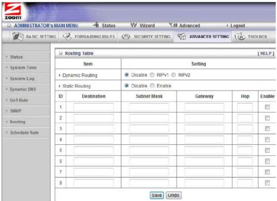 ADMINISTRATOR'S MAIN MENU Status Wizard Advanced Logout BASIC SETTING FORWARDING RULES SECURITY SETTING ADVANCED SETTING TOOLBOX Routing Table [HELP] Item Setting Dynamic Routing Disable RIPv1 RIPv2 Static Routing Disable Enable ID Destination Subnet Mask Gateway Hop Enable 1 ______ ______ ______ ______ ______ ______ 2 ______ ______ ______ ______ ______ ______ 3 ______ ______ ______ ______ ______ ______ 4 ______ ______ ______ ______ ______ ______ 5 ______ ______ ______ ______ ______ ______ 6 ______ ______ ______ ______ ______ ______ 7 ______ ______ ______ ______ ______ ______ 8 ______ ______ ______ ______ ______ ______ Save Undo