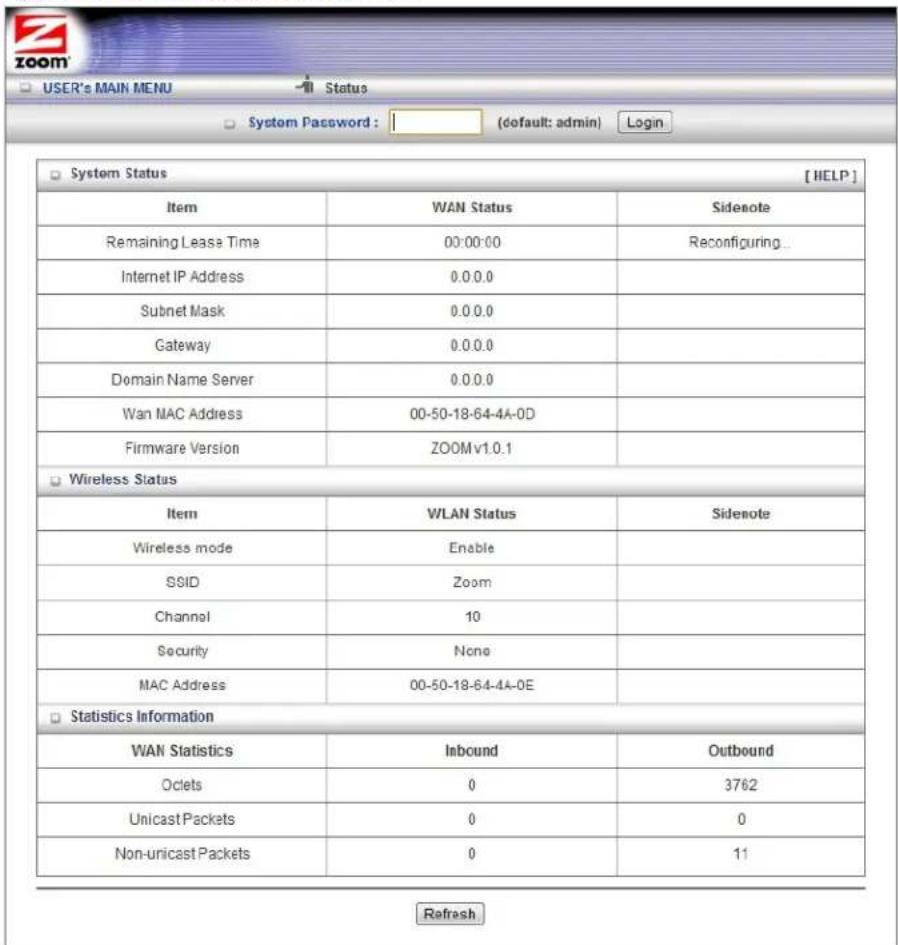 System Status [HELP] Item WAN Status Sidenote Remaining Lease Time 00:00:00 Reconfiguring... Internet IP Address 0.0.0.0 Subnet Mask 0.0.0.0 Gateway 0.0.0.0 Domain Name Server 0.0.0.0 Wan MAC Address 00-50-18-64-4A-0D Firmware Version ZOOMv1.0.1 Wireless Status Item WLAN Status Sidenote Wireless mode Enable SSID Zoom Channel 10 Security None MAC Address 00-50-18-64-4A-0E Statistics Information WAN Statistics Inbound Outbound Oclets 0 3762 Unicast Packets 0 0 Non-unicast Packets 0 11 Refresh