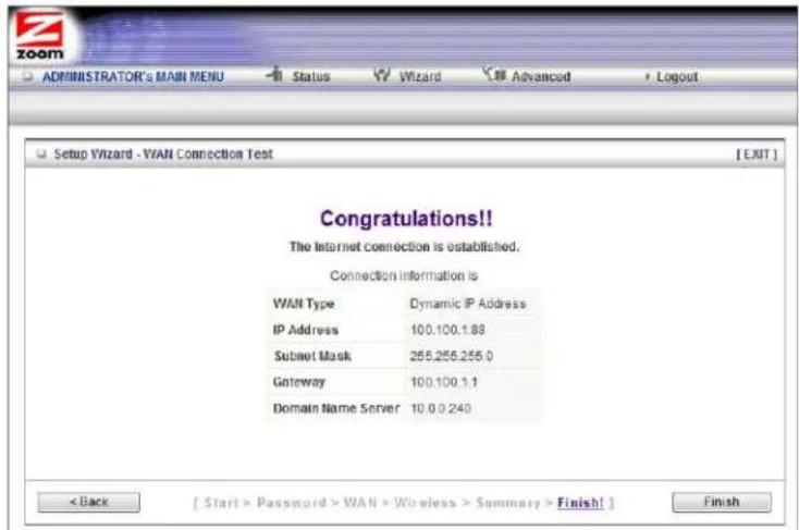 ZOOM ADMINISTRATOR's MAIN MENU Status Wizard Advanced Logout Setup Wizard - WAN Connection Test [EXIT] Congratulations!! The Internet connection is established. Connection information is WAN Type Dynamic IP Address IP Address 100.100.1.88 Submit Mask 255.255.255.0 Gateway 100.100.1.1 Domain Name Server 10.0.0.240 < Back [ Start > Password > WAN > Wireless > Summary > Finish! ] Finish