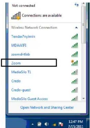 Not connected Connections are available Wireless Network Connection Tendax7nyimin MDAWIFI zoomdvtlab Zoom MediaSilo T1 Credo Credo-guest MediaSilo Guest Access Open Network and Sharing Center 12:47 PM 7/15/2011