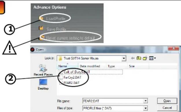 Advance Options Load Profile Save Profile Reset current setting to default Look in: Trust GXT14 Gamer Mouse Name Date modified Type Size Recent Places Call of Duty.DAT FarCry2.DAT FEAR2.DAT Desktop File name: FEAR2.DAT Files of type: PROFILE files (*.DAT) Open Cancel