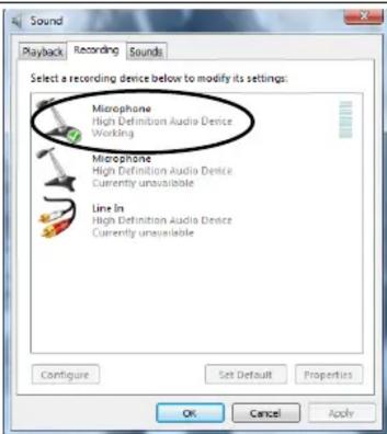 Sound Playback Recording Sounds Select a recording device below to modify its settings: Microphone High Definition Audio Device Working Microphone High Definition Audio Device Currently unavailable Line in High Definition Audio Device Currently unavailable Configure Set Default Properties OK Cancel Apply