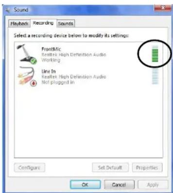 Sound Playback Recording Sounds Select a recording device below to modify its settings: FrontMIC Realtek High Definition Audio Working Line In Realtek High Definition Audio Not plugged In Configure Set Default Properties OK Cancel Apply