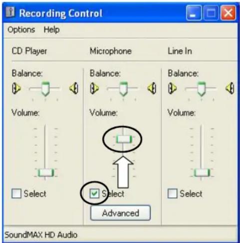Recording Control Options Help CD Player Microphone Line In Balance: Balance: Balance: Volume: Volume: Volume: Select Select Select Select Advanced SoundMAX HD Audio