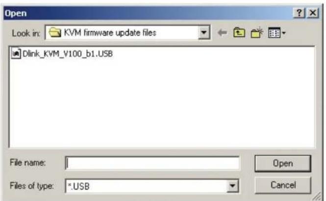 Open Look in: KVM firmware update files Dlink_KVM_V100_b1.USB File name: Files of type: *.USB Open Cancel
